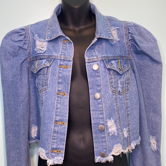 Denim Blvd Los Angeles Jean Jacket Women’s  Medium Distressed Cropped Boho - Picture 4 of 11